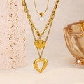 Three-layer gold-plated stainless steel chain necklace with pearls and heart pendants - Hip-hop Heart Multi-layer Chain