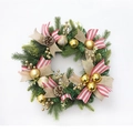 Christmas wreath with gold ornaments, pine cones, berries and a striped bow on white back - Striped Ribbon Pine Cone Style (SDHH010-2)