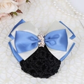 Nœud pour cheveux bleu et blanc avec filet à cheveux noir et fleur en strass élégante - Feuille de saule beige + Bleu ciel