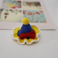Handmade blue crochet hat hair clip with red bow and yellow trim for dolls or pets - Snow White Hat Clip