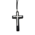 Detail of layered cross pendant featuring silver metal texture on black wood base - Double Layer Cross / Black