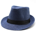 Heren fedora hoed van marineblauw gevlochten stro met zwart satijnen lint decoratie - M (56-58cm) / Marineblauw
