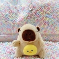 Cute Capybara plush keychain featuring a yellow bird detail and silver metal ring - Holding Chick Light Brown + Silver Clip