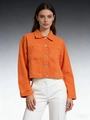 Women's orange loose crop denim jacket with long sleeves and front utility pockets - S / Orange