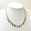 Gold fringe necklace featuring colorful oval zircon gemstones on a white neck model - Oval Style (TZ-N0799-02-tuoyuan)