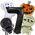 Detail set of Halloween foil balloons featuring ghost, pumpkin, mummy and spider shapes - Halloween Number 7 Set
