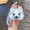 Husky dog shaped leather keychain mini earphone pouch in light blue with wrist strap - Silver Shaded