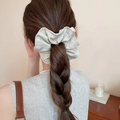 Beige textured oversized fabric scrunchie on a low ponytail braid for elegant hair styling - Beige Fine Stripe Fabric (34#)