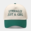 Detail of color-block baseball cap featuring LITERALLY JUST A GIRL green embroidery - Green