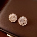 Macro shot of 18k gold plated round earrings with sparkling zircon on a leather box - Gold-White