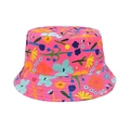 Detail of vibrant floral print bucket hat for children with reinforced stitching on brim - Head Circumference 52-54cm / Rose Red