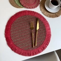 Round woven placemat with red fringe edges and mixed fiber herringbone pattern - Red Green with Red Fringe (35cm Round)