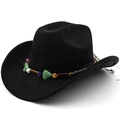 Detail of black felt jazz fedora with bohemian turquoise beads and woven ethnic band - Black