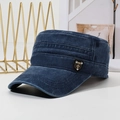 Vintage washed navy denim flat top army cap with decorative side shield badge - Navy Blue