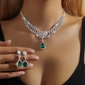 Close-up of emerald green teardrop necklace and earrings with sparkling rhinestones - Green 197-Water Drop Gem