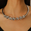 Detail of silver choker necklace featuring eight floral motifs with sparkling crystals - Silver Eight-Flower Gemstone Inlaid Choker (A-966)