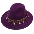 Ethnic wide brim fedora hat in dark purple with silver coin charms and tribal band - M (56-58cm) / Purple