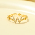 Minimalist S925 sterling silver open ring featuring a golden W letter with zircons - Gold-Letter W