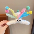 Cute plush octopus hair claw clip with colorful spring pompoms and 3D eyes - White