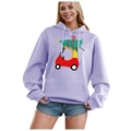Lavender Christmas hoodie with festive cartoon tree truck print and fleece lining - S / Tops / Lavender