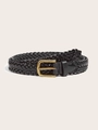 Detail of black woven leather belt with a polished gold buckle on a clean background - Black