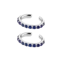 Detailed close-up of silver ear cuffs with vibrant blue round gemstones and an open-loop design - 24K / Silver Base - Blue Zirconia (JQH0043-SS-4)