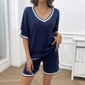 Women's casual navy blue V-neck knit shorts set with white stripe detail decoration - S / Navy Blue
