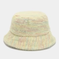 Detail showing soft knitted plush texture and colorful dyeing of the bucket hat - One Size / Yellow
