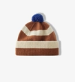 Detail of multi-color striped knitted hat featuring blue pompom and brown stripes - One Size / Brown Beige