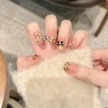 Handmade pink press-on nails with luxury bow, pearls and tweed texture patterns - Extra Small (XS) / 2191-Extra Short Coffin