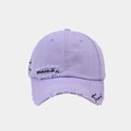 Detailed close-up of light purple distressed baseball cap with cursive embroidery - Light Purple