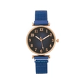 Elegant women's mesh band watch with rose gold case and blue dial featuring Arabic numerals - Blue