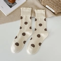 Calze beige a pois marroni con rifinitura in pizzo bianco per un look retrò ed elegante - Taglia unica / Beige a pois caffè
