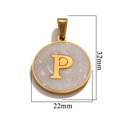 Gold stainless steel letter P pendant with white shell inlay, size 32mm by 22mm - Gold P