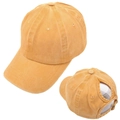 Detail of vintage washed yellow cotton baseball cap with ponytail hole and metal buckle - Ginger Yellow / Adjustable
