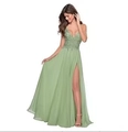 Close-up of sage green lace bodice and spaghetti straps of a chiffon evening dress - US size 2 / Light Green