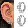 Silver huggie hoop earrings featuring three graduated cubic zirconia stones in prong setting - CC039-1 / Platinum+6mm