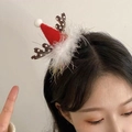 Cute red Christmas hat and brown reindeer antlers headband with plush white fur and feathers - 10# Christmas Hat Clip-Brown Antler Decor