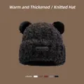 Winter plush black knit beanie with cute bear ears and stylish faux fur finish - Leather Bear-Black