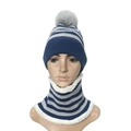 Detail of blue striped knit hat and scarf set with thick white faux fleece lining - Blue