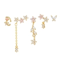 Golden 5-piece earring set with pink zircons featuring butterfly and floral designs - TZ00144 Gold - Flower Vine Butterfly Zirconia 5-Piece Set