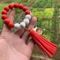 Red and marble silicone bead keychain bracelet with golden clip and red PU tassel charm - Style 11-Red White Marble White/Red Tassel