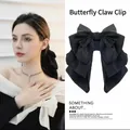 Elegant black chiffon layered bow hair claw clip for women's hairstyle accessory - Black Satin Large Bow Claw