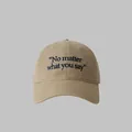 Khaki cotton baseball cap with navy blue embroidery text on a minimal gray background - One Size(Adjustable) / Khaki