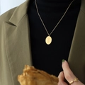 Gold titanium steel necklace with engraved floral oval pendant and matching cross ring - March Flower(P1148) / 40cm+5cm / Gold