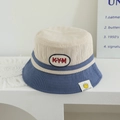 Beige and navy blue corduroy bucket hat for kids with KYM embroidery and crown label - 52cm (2-5 Years) / Letter KYM / Blue