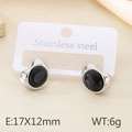 Pendientes de acero inoxidable con piedras ovaladas negras y borde plateado de 17x12mm - Estilo de Piedra Negra Color Acero (KE115504-SP)