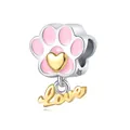 Sterling silver cat paw charm with pink enamel, golden heart, and Love dangle - Love Pink Cute Paw Charm 0159