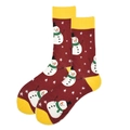 Burgundy Christmas cotton socks with snowman pattern and yellow contrast heel and toe - 38-46 / Wine Red Snowman