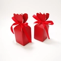 Two red striped gift boxes with ribbon bows for Christmas and New Year candy packaging - Solid Wine Red + Red Ribbon